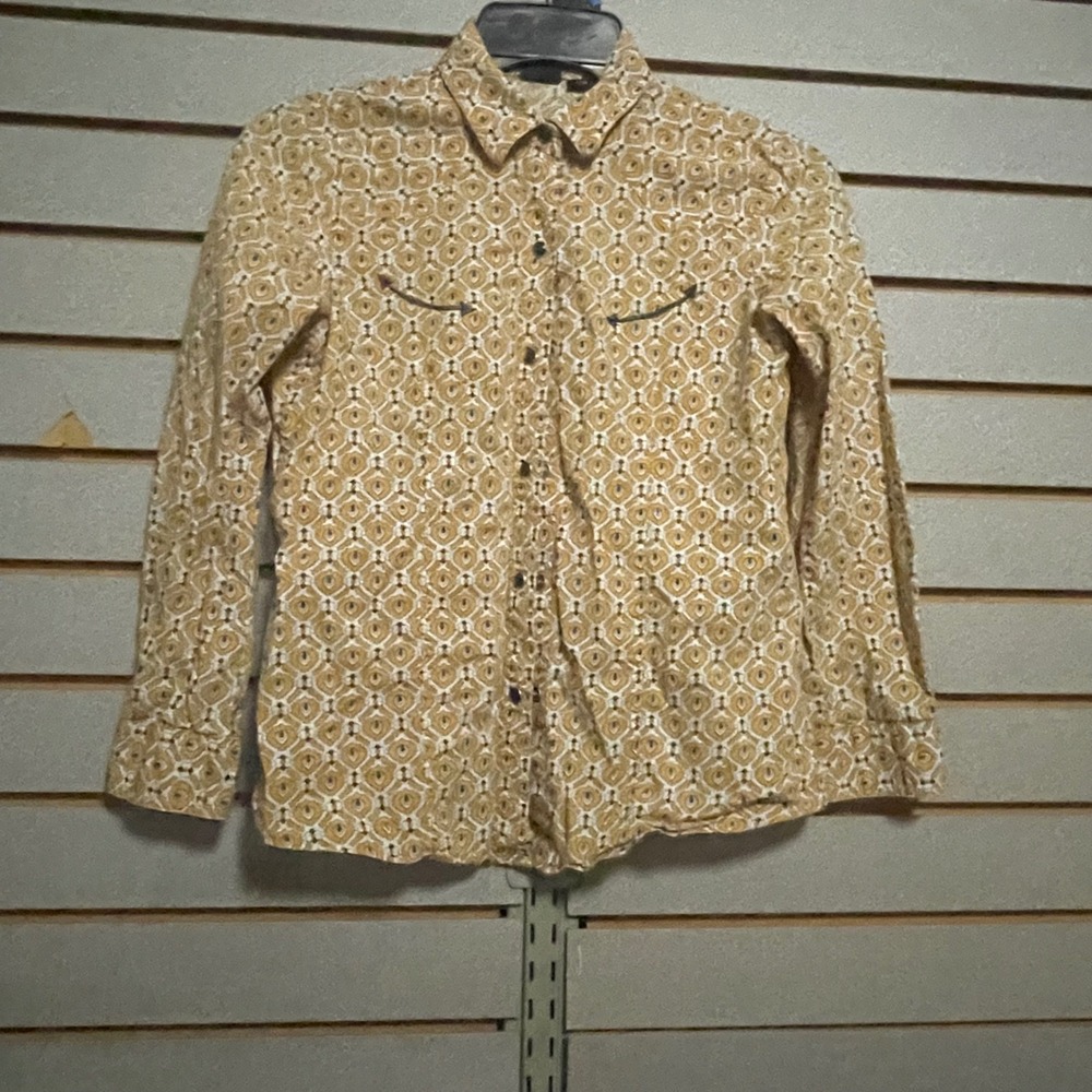 Cruel Girl Western Snap Shirt Yellow‎ Geometric Medallion Smile Pockets Sz L 10